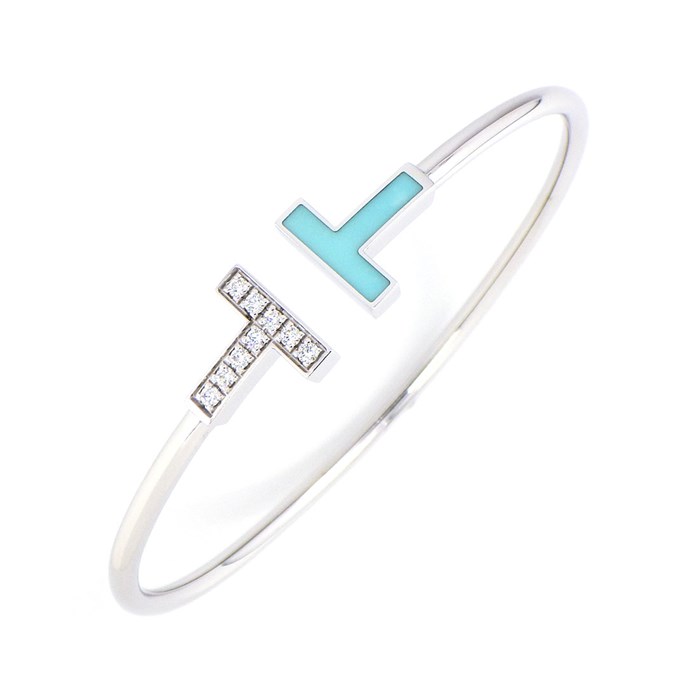 【ティファニー Tiffany & Co.】バングル T ワイヤー ターコイズ トルコ石 ダイヤモンド 0.11ct K18WG 