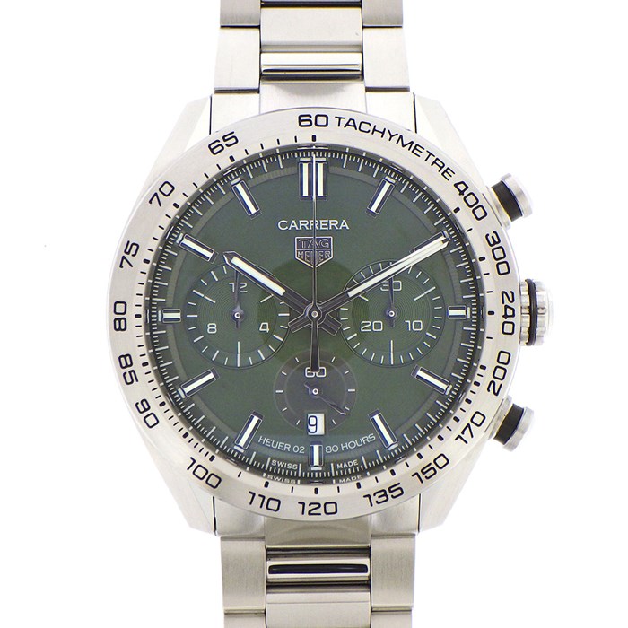 【タグ・ホイヤー TAG Heuer】腕時計 カレラ キャリバー ホイヤー02 スポーツクロノグラフ CBN2A10.BA0643 サーキュラーサテン グリーン文字盤 裏スケ カレンダー クロノグラフ タキメーター スモールセコンド SS 自動巻き 【箱・保付き】 