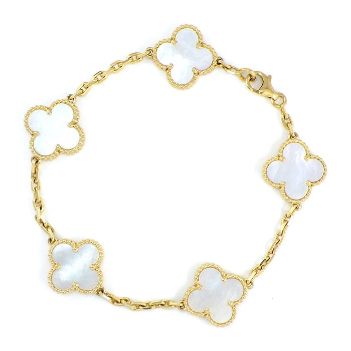 【ヴァンクリーフ＆アーペル Van Cleef & Arpels】ブレスレット ヴィンテージ アルハンブラ 5モチーフ ホワイトシェル 白 K18YG 