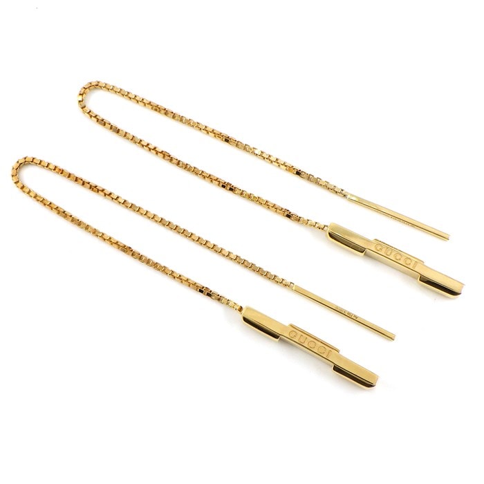 【グッチ GUCCI】ピアス バー ロゴ スウィング ドロップ チェーン K18YG 