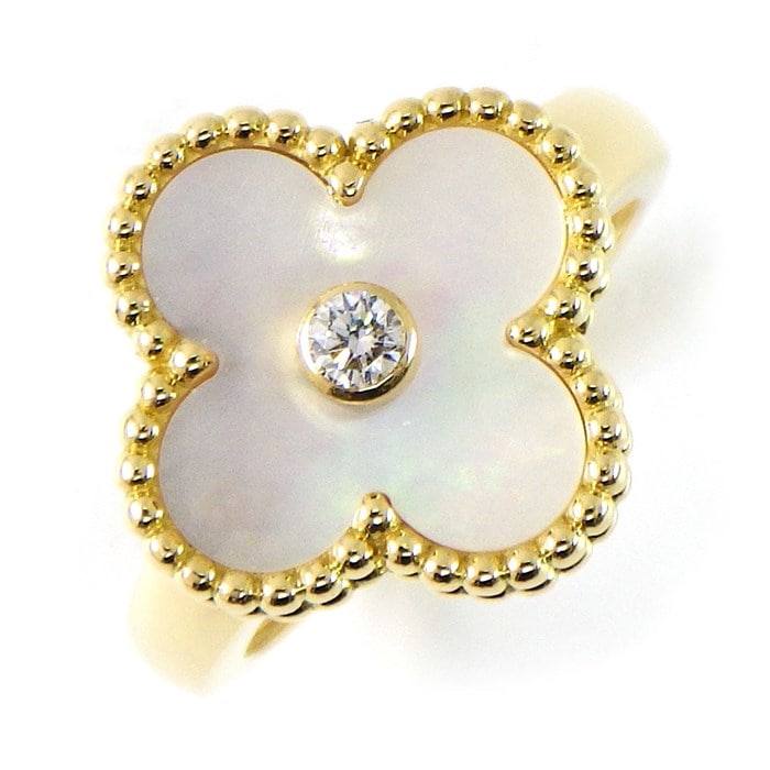 【ヴァンクリーフ＆アーペル Van Cleef & Arpels】リング ヴィンテージ アルハンブラ ホワイト シェル 1ポイント ダイヤモンド 0.06ct K18YG 白 11号 / #51 【箱・保付き】 