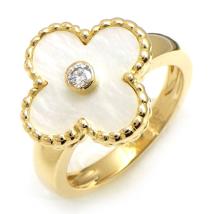 【ヴァンクリーフ＆アーペル Van Cleef & Arpels】リング ヴィンテージ アルハンブラ 1ポイント ダイヤモンド ホワイト シェル 白 K18YG 10.5号 / #51 