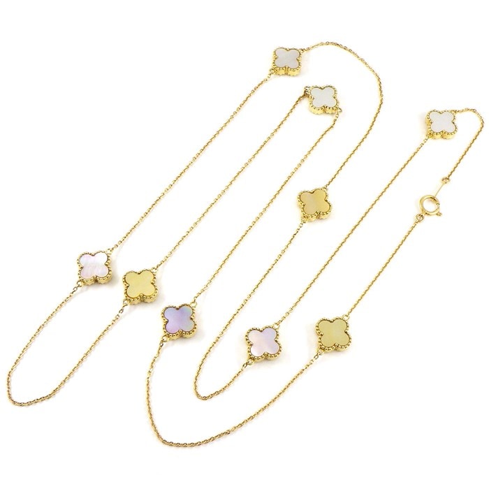 【ホワイトシェル ゴールドシェル】 ロングネックレス クローバー フラワー 9モチーフ ホワイト ゴールド ブラック シェル K18YG 