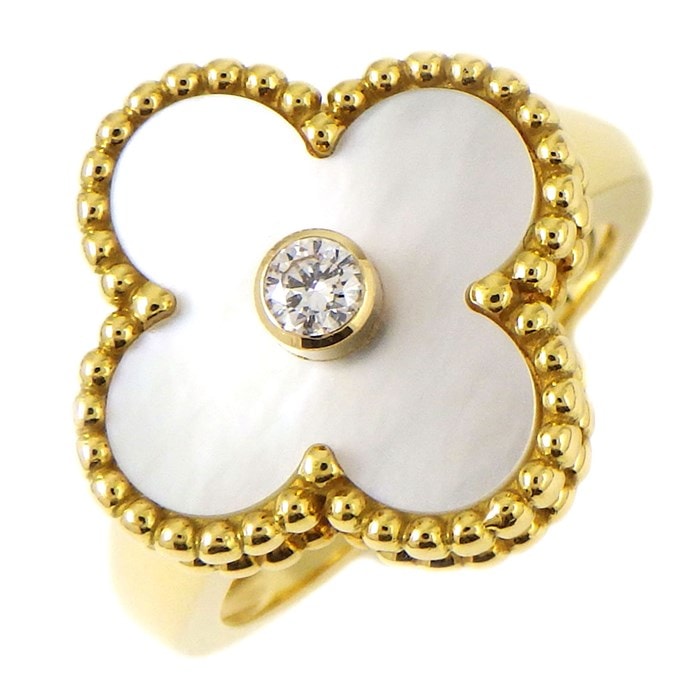 【ヴァンクリーフ＆アーペル Van Cleef & Arpels】リング ヴィンテージ アルハンブラ 1ポイント ダイヤモンド 0.06ct ホワイト シェル 白 K18YG 7号 / #47 