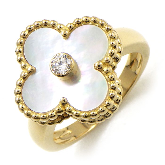 【ヴァンクリーフ＆アーペル Van Cleef & Arpels】リング ヴィンテージ アルハンブラ VCARA41151 ホワイト シェル 白 1ポイント ダイヤモンド 約0.06ct K18YG 10.5号 / #51 【箱・保付き】 