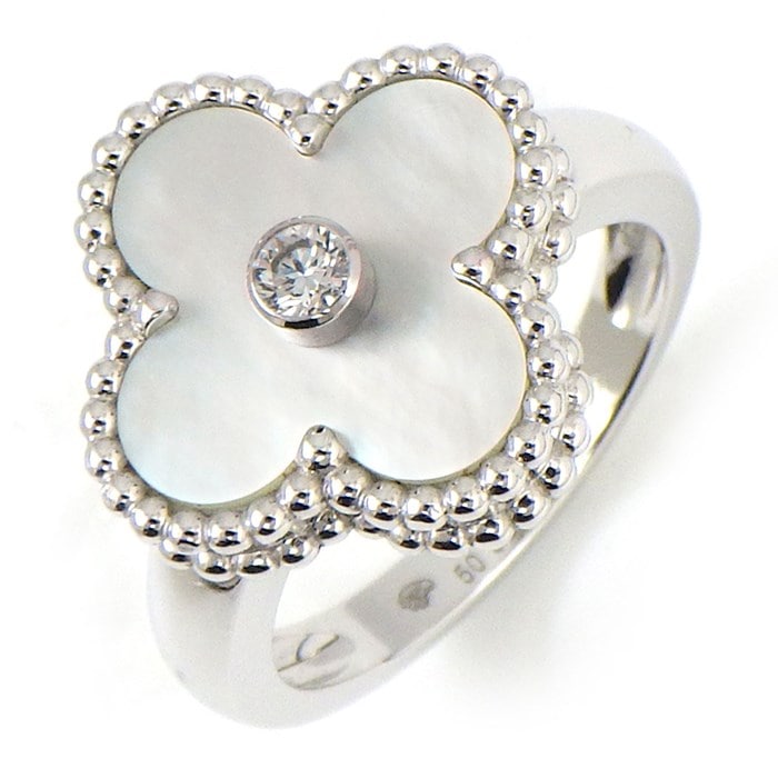 【ヴァンクリーフ＆アーペル Van Cleef & Arpels】リング ヴィンテージ アルハンブラ VCARF48900 ホワイト シェル 1ポイント ダイヤモンド K18WG 白 10号 / #50 【箱・保付き】 