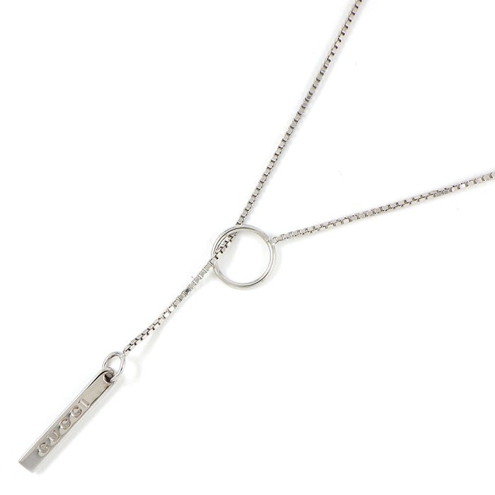 【グッチ GUCCI】ネックレス ラリエット ラリアット ロゴ プレート ベネチアンチェーン K18WG 