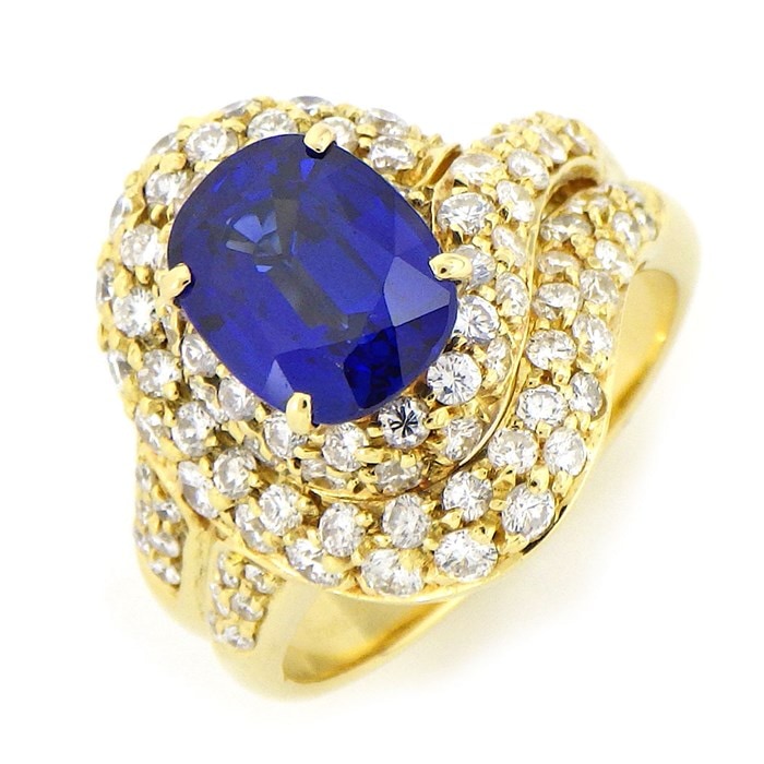 カルティエ Cartier リング オーバルカット サファイア ディープ ロイヤルブルー 約2.20ct パヴェ ダイヤモンド コレクターズアイテム レア ヴィンテージ K18YG 10.5号 / #51 【箱・保付き】 【中古】