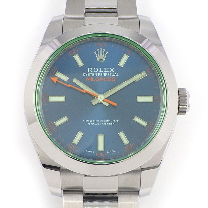 ロレックス Rolex 腕時計 オイスター パーペチュアル ミルガウス 116400GV 40mm Zブルーサンレイ文字盤 ルーレット刻印 ランダムシリアル グリーンサファイアクリスタル SS 自動巻き 【箱・保付き】 【中古】