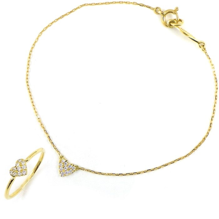 【2点セット】 アーカー AHKAH ブレスレット/ピンキーリング ハートパヴェ VC0108010500/VC0285010300 ダイヤモンド 0.05ct/0.05ct 0.05ct K18YG 4号 【中古】