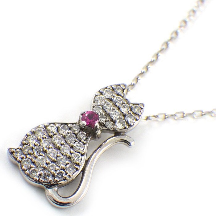 【ルビー ダイヤモンド】 ネックレス キャット 猫 モチーフ 1ポイント ルビー 0.05ct パヴェ ダイヤモンド 0.27ct K10WG 【中古】