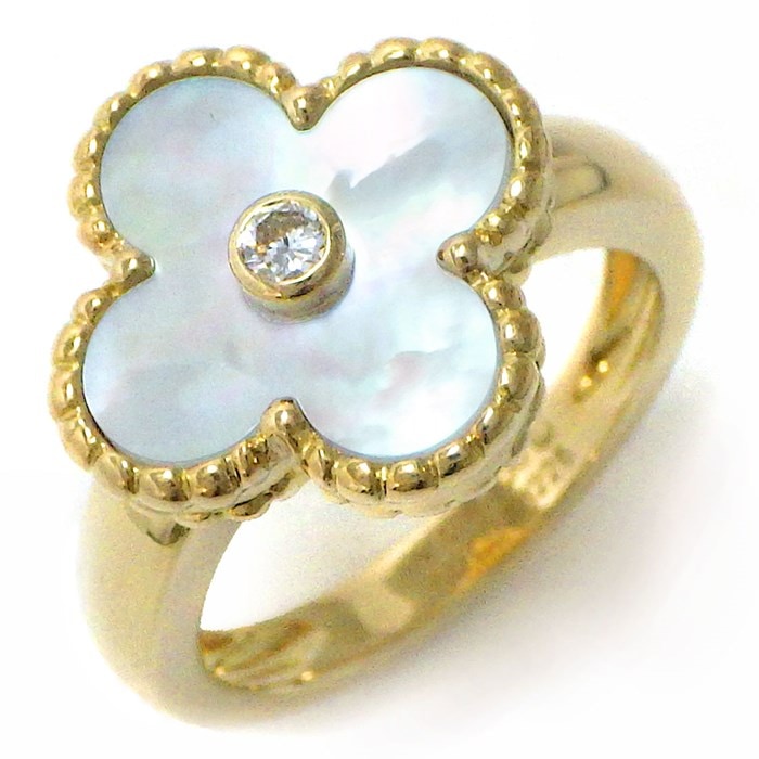ヴァンクリーフ＆アーペル Van Cleef & Arpels リング ヴィンテージ アルハンブラ VCARA41100 ホワイト シェル 白 1ポイント ダイヤモンド 0.06ct K18YG 10号 / #50 【中古】
