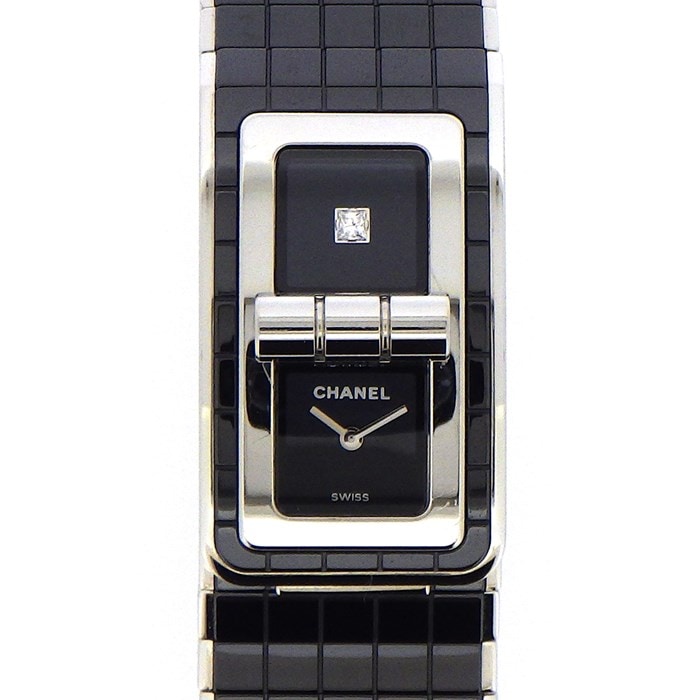 シャネル CHANEL 腕時計 コード ココ H5147 ターンロック 1ポイント プリンセスカット ダイヤモンド 0.05ct レクタンギュラー ブラック文字盤 SS ブラック セラミック メッシュ ベルト 黒 クオーツアナログ 【中古】