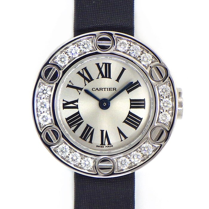 カルティエ Cartier 腕時計 ラブ ウォッチ WE800331 18ポイント ダイヤモンド ベゼル シルバー サンレイ 文字盤 K18WG ブラック サテン/革 ベルト クオーツアナログ 【中古】 カルティエ Cartier 腕時計 ラブ ウォッチ WE800331 18ポイント