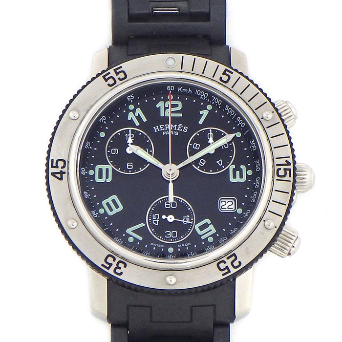 エルメス HERMES 腕時計 クリッパー ダイバー クロノ CL2.915 デイト カレンダー クロノグラフ スモールセコンド 回転ベゼル ブラック文字盤 SS Hリンク ラバーベルト 黒 クオーツアナログ 【中古】 エルメス HERMES 腕時計 クリッパー ダイバー クロノ CL2.915 デイト