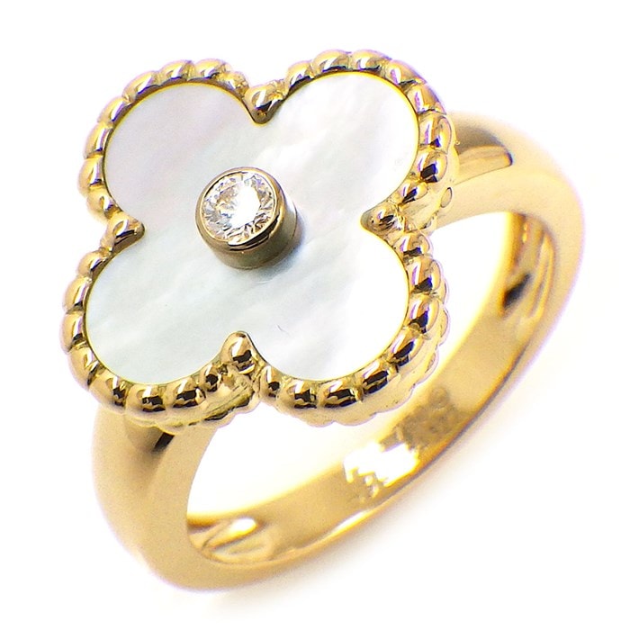 ヴァンクリーフ＆アーペル Van Cleef & Arpels リング ヴィンテージ アルハンブラ VCARA41100 ホワイト シェル 1ポイント ダイヤモンド 0.06ct K18YG 12号 / #53 【中古】