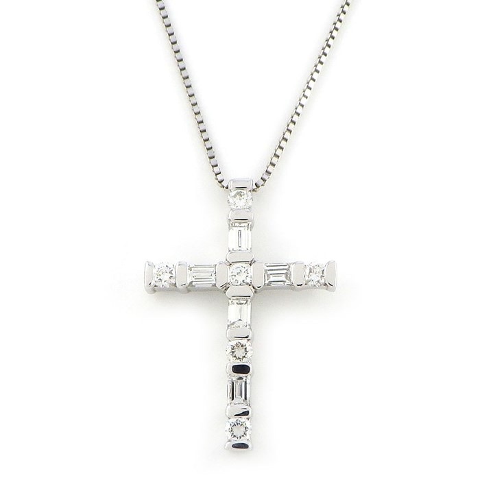 ダミアーニ DAMIANI ネックレス ルミエール クロス ベネチアンチェーン 5ポイント バゲットカット ダイヤモンド 6ポイント ラウンドカット ダイヤモンド K18WG 【中古】