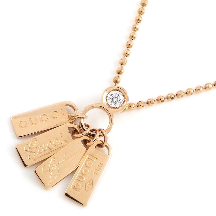 グッチ GUCCI ネックレス ロゴ プレート タグ ボールチェーン 1ポイント ダイヤモンド 0.06ct K18PG 【中古】