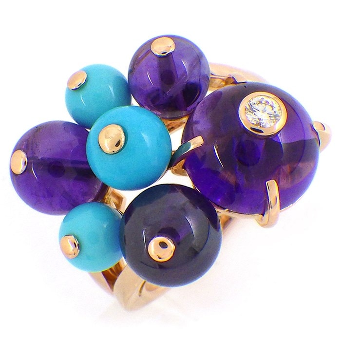 カルティエ Cartier リング デリス ドゥ ゴア クラスター ボール 4ポイント アメジスト 3ポイント ターコイズ トルコ石 1ポイント ダイヤモンド K18PG 13号 / #54 【中古】