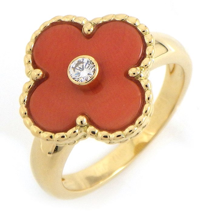 ヴァンクリーフ＆アーペル Van Cleef & Arpels リング ヴィンテージ アルハンブラ レア 廃盤品 コレクターズアイテム オレンジ コーラル サンゴ 1ポイント ダイヤモンド K18YG 12.5号 / #53 【中古】