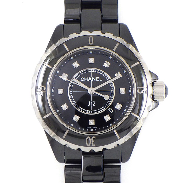シャネル CHANEL 腕時計 J12 33mm H1625 デイト カレンダー 回転式ベゼル 12ポイント ダイヤモンド インデックス ブラック文字盤 黒 SS ブラック セラミック クオーツアナログ 【中古】