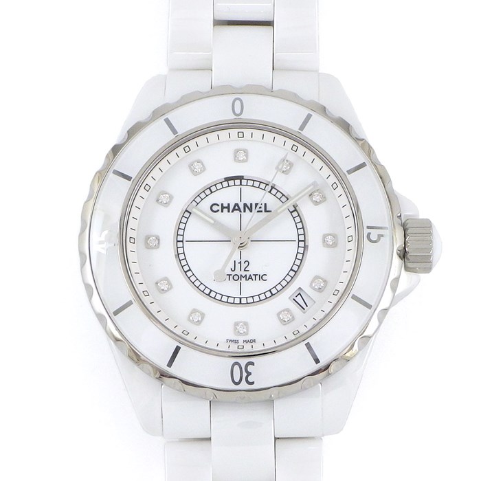シャネル CHANEL 腕時計 J12 H1629 デイト カレンダー 回転式ベゼル 12ポイント ダイヤモンド インデックス ホワイト文字盤 白 SS ホワイト セラミック 自動巻き 【箱・保付き】 【中古】