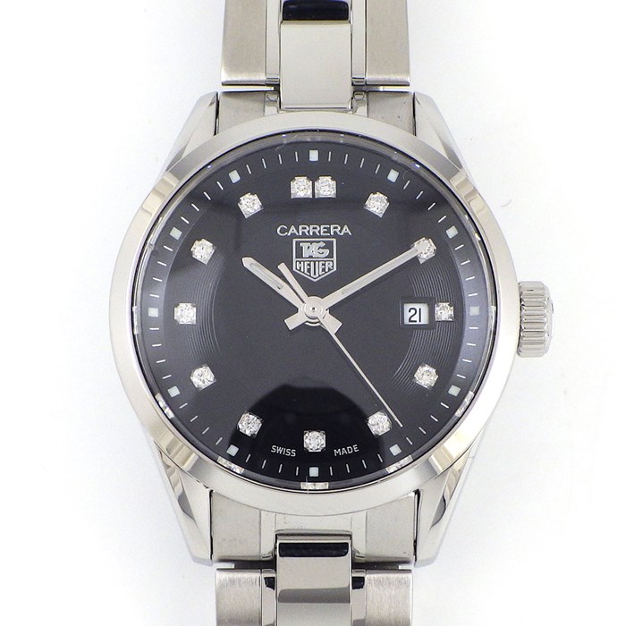 タグ・ホイヤー TAG Heuer 腕時計 カレラ レディ WV1410 デイト カレンダー 13ポイント ダイヤモンド インデックス 0.098ct ブラック文字盤 黒 SS クオーツアナログ 【中古】