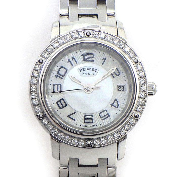 エルメス HERMES 腕時計 クリッパー CP1.230 デイト カレンダー 42ポイント ダイヤモンド ベゼル ホワイトシェル 文字盤 白 SS クオーツアナログ 【中古】