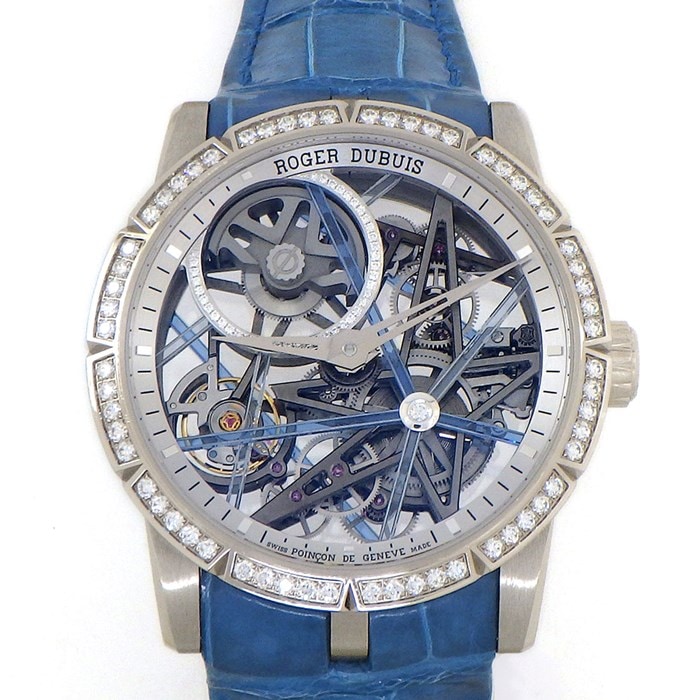 ロジェ・デュブイ ROGER DUBUIS 腕時計 エクスカリバー ブラックライト 42mm RDDBEX0744 世界88本限定 ダイヤベゼル スケルトン/ダイヤ文字盤 計1.17ct K18WG ブルー アリゲーター レザーベルト 自動巻き 【箱・保付き】 【中古】
