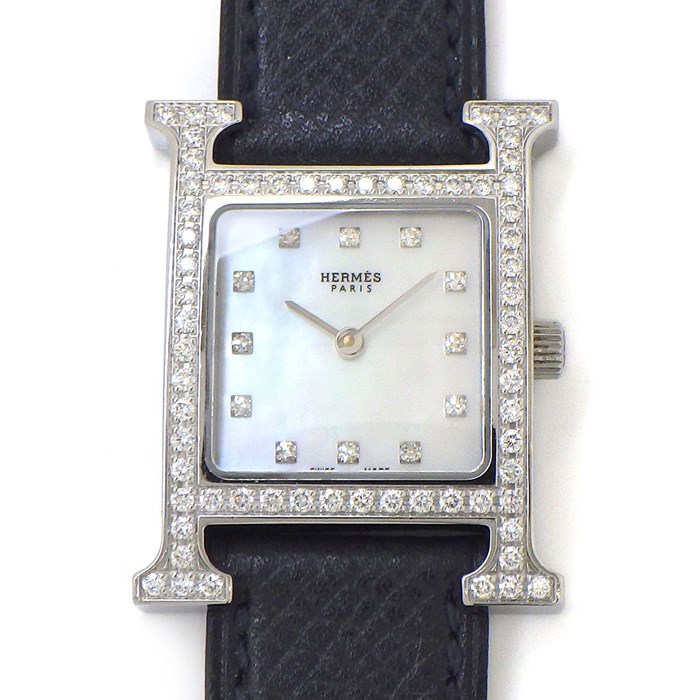 エルメス Hウォッチ ミニ ダイヤベゼル シェル文字盤 腕時計 レディース