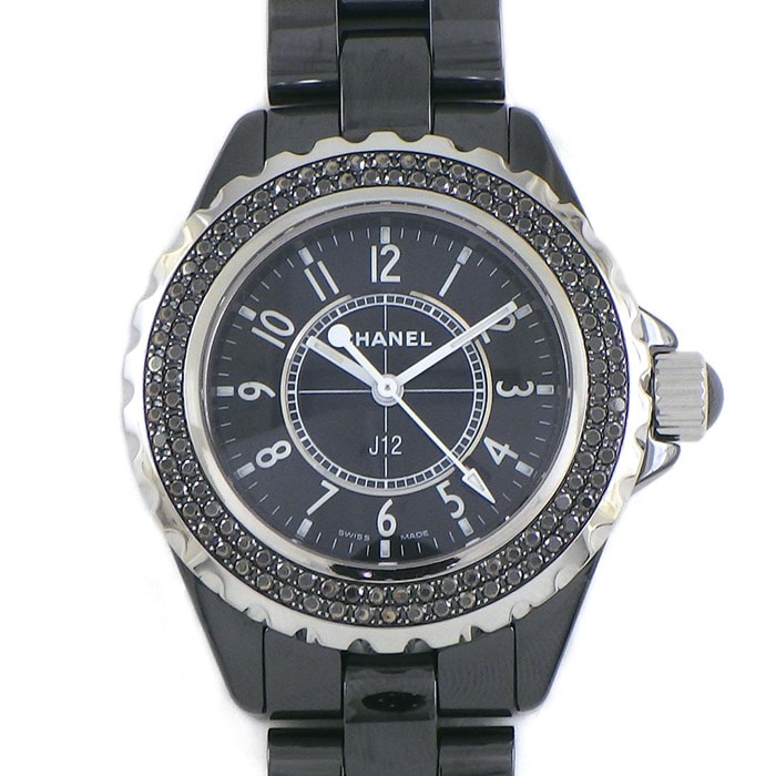シャネル CHANEL 腕時計 J12 H1416 デイト カレンダー 回転式ベゼル パヴェ ブラックダイヤモンド ベゼル ブラック文字盤 黒 SS ブラック セラミック クオーツアナログ 【中古】
