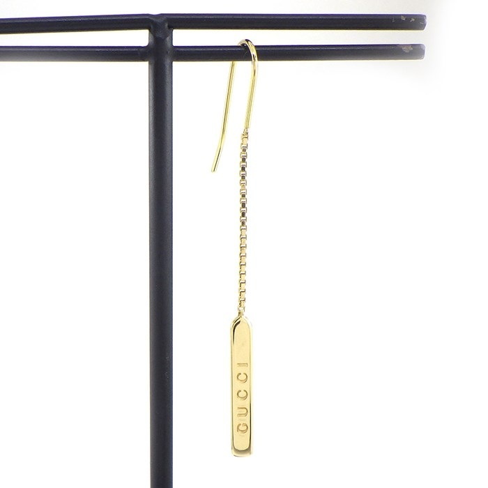 グッチ GUCCI ピアス ラリエット ラリアット ロゴ フック スウィング ドロップ プレート ベネチアンチェーン K18YG ※片方のみ 【中古】