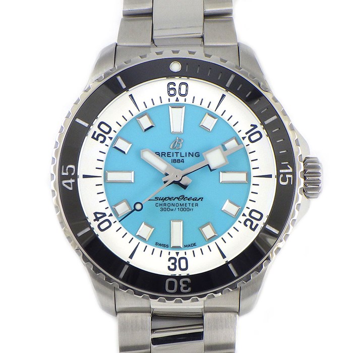 ブライトリング Breitling 腕時計 スーパーオーシャン オートマチック 44 A17376211L2A1 夜光針/インデックス 回転式ベゼル ホワイト&ターコイズブルー文字盤 メタルブレス SS 自動巻き 【箱・保付き】 【中古】