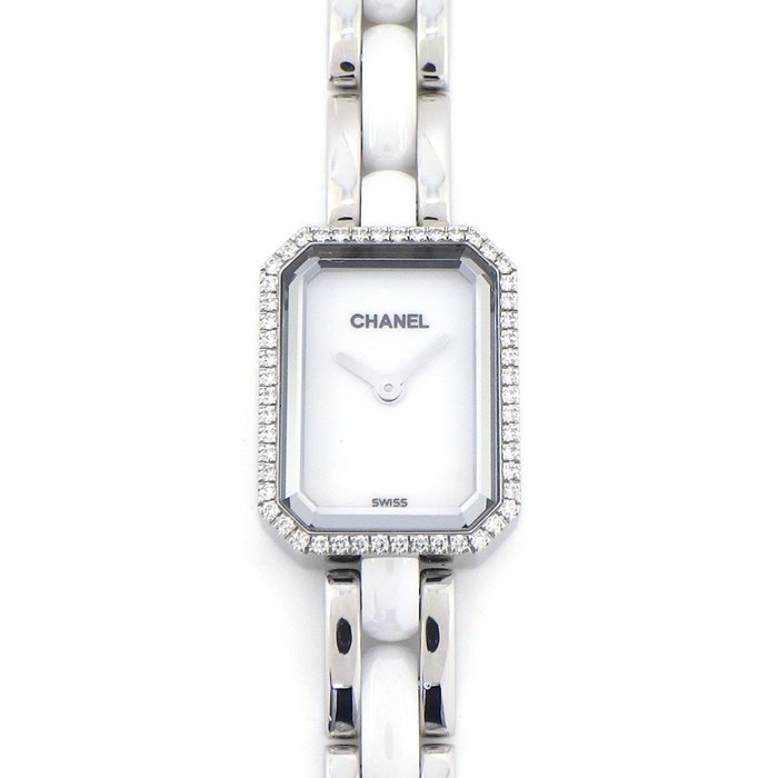 シャネル CHANEL 腕時計 プルミエール H2132 52ポイント ダイヤモンド ベゼル 0.26ct レクタンギュラー ホワイトラッカー 文字盤 SS ホワイトセラミック ブレス クオーツアナログ 【中古】