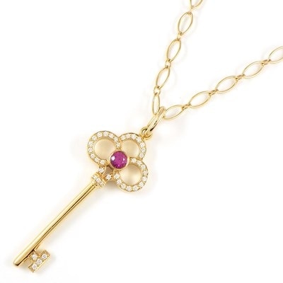 ティファニー Tiffany & Co. ロングネックレス クラウンキー 1ポイント ルビー ダイヤモンド K18PG 【中古】