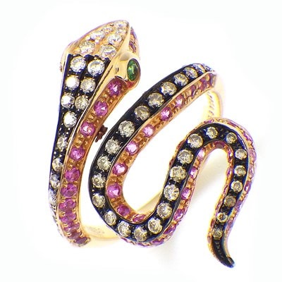 【サファイア グリーンガーネット】 リング スネーク 蛇モチーフ パヴェ サファイア 計0.82ct グリーンガーネット 計0.06ct ダイヤモンド 計0.53ct K18YG 11号 【中古】