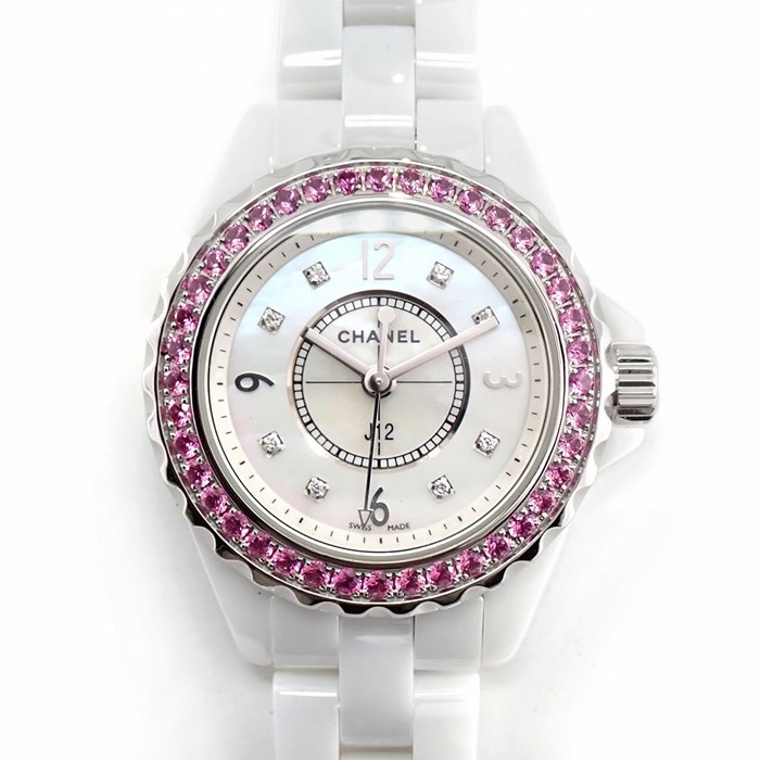 シャネル CHANEL 腕時計 J12 H3243 ピンクサファイア ベゼル 8ポイント ダイヤモンド インデックス ホワイトシェル 文字盤 SS ホワイト セラミック 白 クオーツアナログ 【中古】