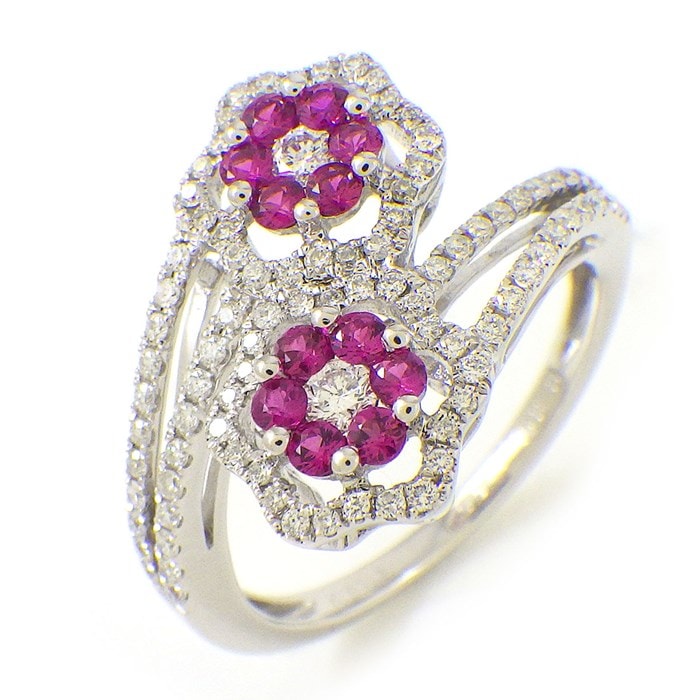 【ルビー ダイヤモンド】 リング フラワー 2モチーフ ルビー 計0.33ct ダイヤモンド 計0.44ct K18WG 12.5号 【中古】