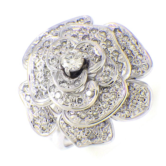 【ダイヤモンド】 リング バラ ローズ フラワーモチーフ パヴェ ダイヤモンド 計0.90ct K18WG 10号 【中古】