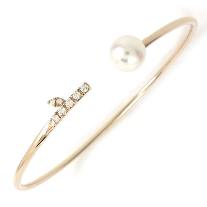 タサキ 田崎真珠 TASAKI バングル クーゲル BL-0702-18K SG リーフモチーフ オープン あこや パール 7.5mm珠 ダイヤモンド 計0.08ct K18PG 【中古】