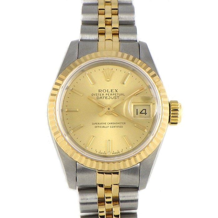 ロレックス Rolex 腕時計 オイスター パーペチュアル レディ デイトジャスト 69173 サンレイ シャンパンカラー文字盤 フルーテッドベゼル ロレゾール ジュビリーブレス オイスタースチール K18YG 自動巻き 【箱・保付き】 【中古】