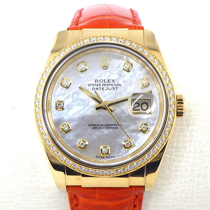 ロレックス Rolex 腕時計 デイトジャスト 116188NG デイト ダイヤベゼル 10ポイント ダイヤインデックス ホワイトシェル文字盤 白 K18YG オレンジ アリゲーター レザーベルト 自動巻き 【中古】
