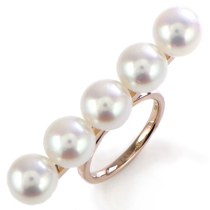 タサキ 田崎真珠 TASAKI リング バランス シグネチャー R-4398-18KSG バー 5ポイント パール あこや真珠 8.4mm珠 K18SG 14号 【中古】