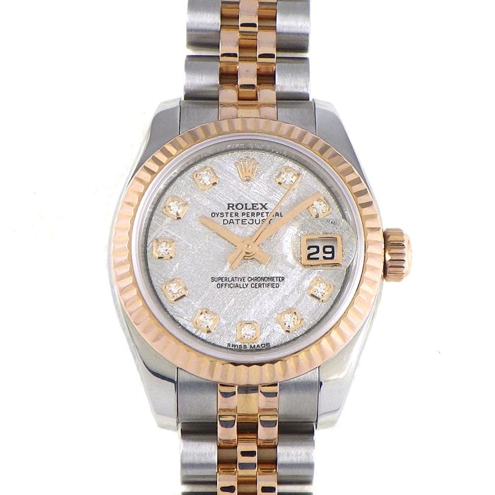 ロレックス Rolex 腕時計 レディ デイトジャスト 26 179171 ルーレット刻印 10ポイント ダイヤモンドインデックス シルバー メテオライト文字盤 フルーテッドベゼル ジュビリーブレス ロレゾール K18PG オイスタースチール 自動巻き 【箱・保付き】 【中古】