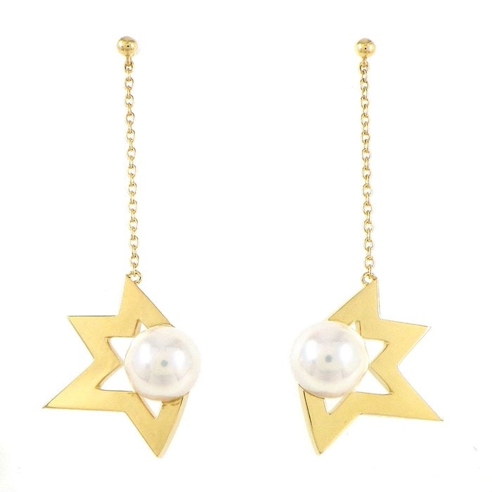 タサキ 田崎真珠 TASAKI ピアス コメット プラス E-4344-18KYG 彗星 チェーン スウィング ドロップ あこや真珠 6.9mm珠 K18YG 【中古】