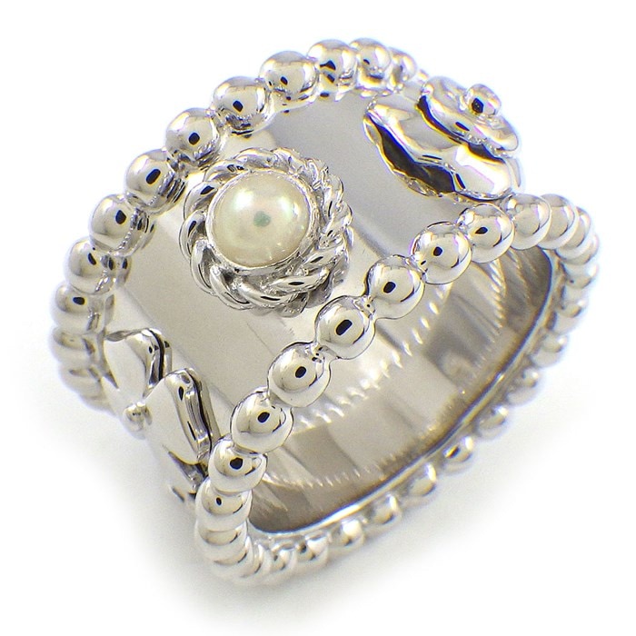 シャネル CHANEL リング スリー シンボル ワイド 6モチーフ カメリア クローバー ゴールドビーズ エッジ 2ポイント パール K18WG 14号 【中古】