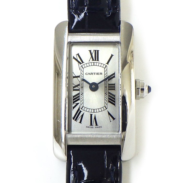カルティエ Cartier 腕時計 タンクアメリカンミニ WSTA0032 日本限定 レクタンギュラー シルバー文字盤 ネイビー アリゲーターレザーベルト SS クオーツアナログ 【箱・保付き】 【中古】 カルティエ Cartier 腕時計 タンク アメリカン ミニ WSTA0032 日本限定