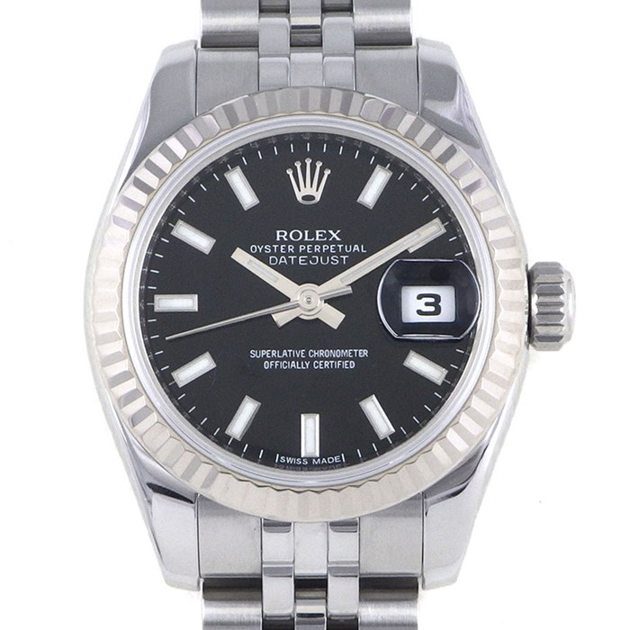 ロレックス Rolex 腕時計 レディ デイトジャスト 26 179174 ルーレット刻印 ブラック文字盤 黒 フルーテッドベゼル ジュビリーブレス K18WG オイスタースチール SS 自動巻き 【中古】
