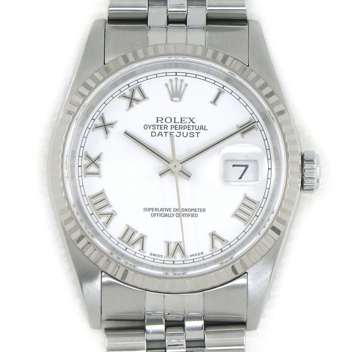 ロレックス Rolex 腕時計 デイトジャスト 16234 Y番 2002年頃製造 ルーレット刻印 ホワイト文字盤 フルーテッドベゼル ジュビリーブレス K18WG オイスタースチール SS 自動巻き 【中古】