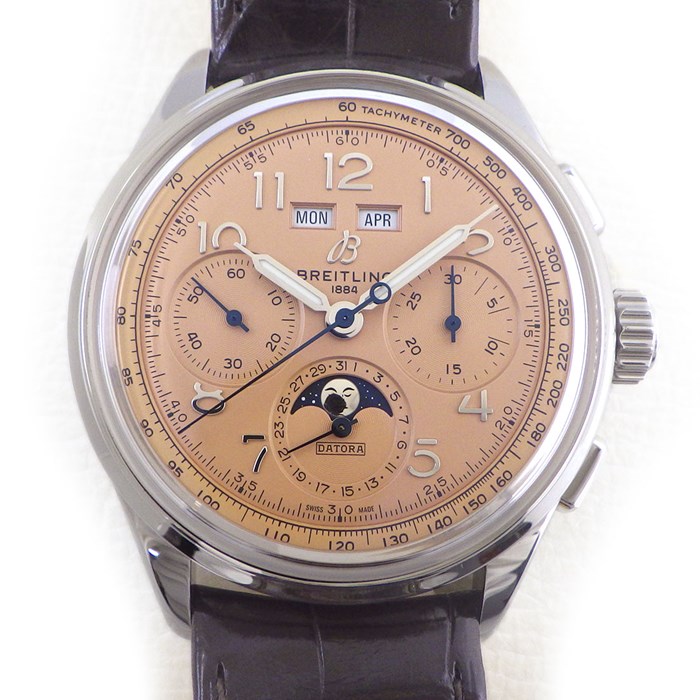 ブライトリング Breitling 腕時計 プレミエ B25 ダトラ42 AB2510 カッパー/ピンク文字盤 カレンダー クロノグラフ ムーンフェイズ スモールセコンド 裏スケ SS ブラウン アリゲーターレザーベルト 自動巻き 【箱・保付き】 【中古】